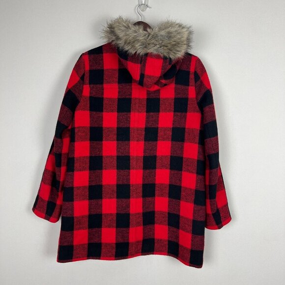J Crew Jacket Womens 6 Red Vail Parka Coat Buffalo Check Plaid‎ Faux Fur Hood - Picture 5 of 13